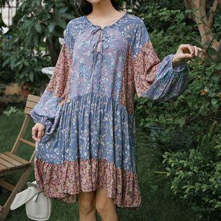 Long-sleeve Color Block Floral Print A-line Dress