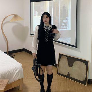 Shirt With Tie / Sleeveless Lettering Knit Mini Bodycon Dress