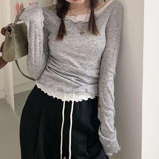 Mock Two-piece Long-sleeve Lettuce Edge T-shirt