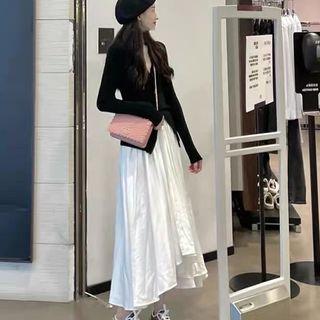 V-neck Cardigan / Asymmetrical Midi A-line Skirt / Set