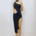 Sleeveless One Shoulder Cutout Side Slit Sheath Dress