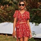 Set: Tie-waist Short-sleeve Crop Top + Floral Print Wide-leg Shorts