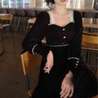 Long-sleeve Embellished Lace Trim Midi A-line Velvet Dress