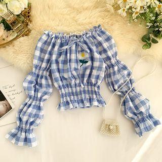 Long-sleeve Floral Embroidery Plaid Top
