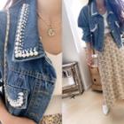 Faux-pearl Flap Denim Jacket Blue - One Size