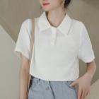 Elbow-sleeve Polo-neck Knit Top White - One Size