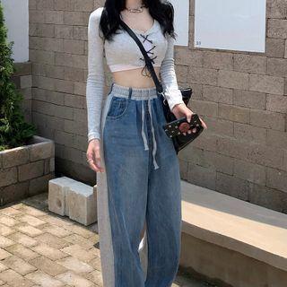 Two-tone High-waist Wide-leg Jeans / Long-sleeve Crop Top