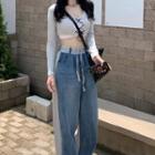 Two-tone High-waist Wide-leg Jeans / Long-sleeve Crop Top