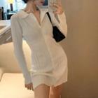 Long-sleeve Mini Sheath Knit Dress Beige - One Size
