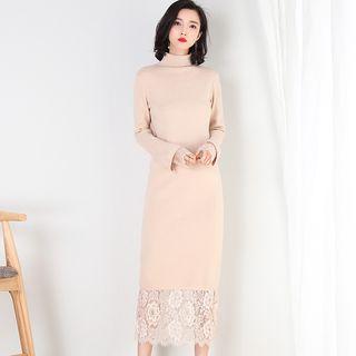 Turtleneck Lace Hem Midi Knit Dress