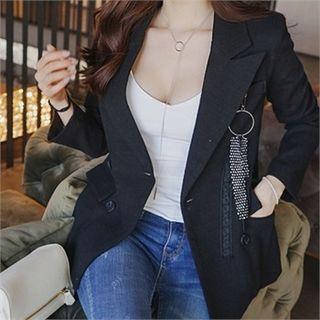 Padded-shoulder Double-breasted Jacket With Brooch
