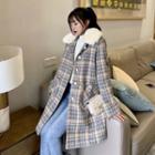 Furry Collar Plaid Coat As Shown In Figure - One Size