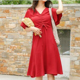Short-sleeve Drawstring A-line Dress Red - One Size