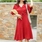 Short-sleeve Drawstring A-line Dress Red - One Size