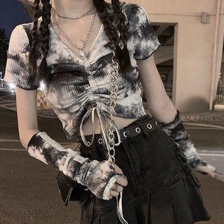 Tie-dyed Drawstring Short-sleeve Top With Oversleeves As Shown In Figure - One Size