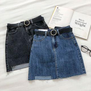 Asymmetric High-waist Frayed A-line Skirt With Belt