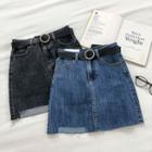 Asymmetric High-waist Frayed A-line Skirt With Belt