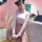 Frog-button Long-sleeve Knit Top / Plaid Pleated Skirt