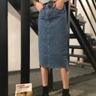 Midi Frayed Dip-back Denim H-line Skirt