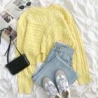 Long-sleeve Plain Cropped Cable Knit Sweater Yellow - One Size