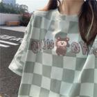 Elbow-sleeve Print Plaid T-shirt