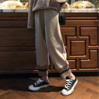 Striped Hem Woolen Straight-cut Pants