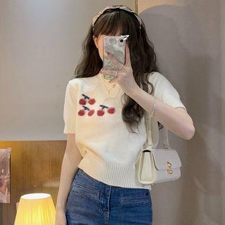 Short-sleeve Mock-neck Cherry Print Knit Top