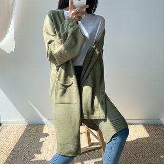 V-neck Button-sleeve Long Cardigan