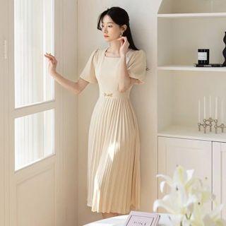 Square-neck Horsebit Pleated Midi Dress