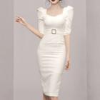 Puff-sleeve Belted Midi Bodycon Dress
