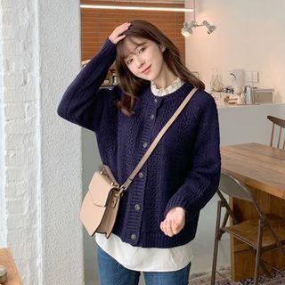 Crew-neck Wavy-knit Cardigan Navy Blue - One Size