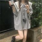 3/4-sleeve Wide-collar Check Blouse Gingham - Black & White - One Size