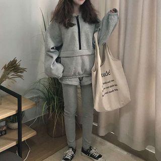 Set: Zip Placket Hoodie + Shorts + Leggings Hoodie & Shorts & Leggings - Gray - One Size