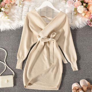 Long-sleeve Tie-waist Knit V-neck Mini Sheath Dress