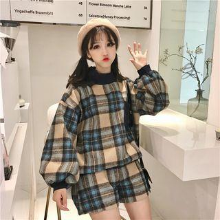 Set: Plaid Mock-turtleneck Pullover + Shorts Set - Plaid - Khaki & Blue - One Size