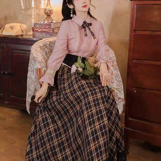 Set: Lace Trim Shirt + Plaid Midi A-line Skirt