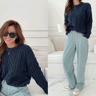 Crew-neck Cable-knit Sweater Navy Blue - One Size
