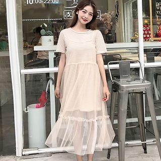 Set: Short-sleeve Striped Long T-shirt + Mesh Dress