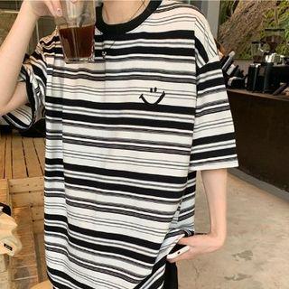 Smiley Face Embroidered Striped T-shirt Stripes - Black & White - One Size