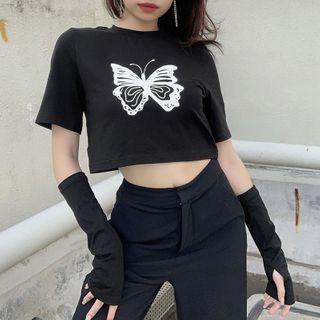 Set: Short-sleeve Butterfly Print T-shirt + Arm Warmers