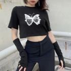 Set: Short-sleeve Butterfly Print T-shirt + Arm Warmers