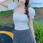 Cropped Flower Trim Knit Puff-sleeve Camisole Top White - One Size