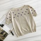Short-sleeve Floral Knit Top Almond - One Size