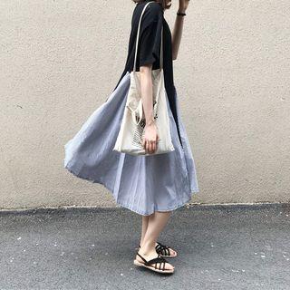 Elbow-sleeve Panel Striped Dress Black - One Size