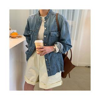 Mandarin-collar Denim Jacket Blue - One Size