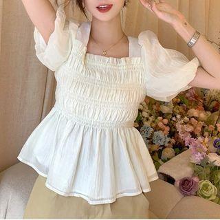 Puff-sleeve Square Neck Cropped Blouse Almond - One Size
