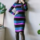 Long-sleeve Color Block Knit Sheath Dress Stripes - One Size