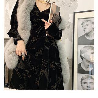 Long-sleeve Asymmetric Midi Velvet Dress