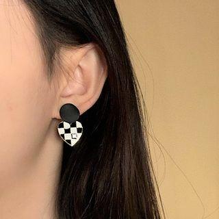 Sterling Silver Check Heart Stud Earring 1 Pair - 925 Silver Stud - Black & White - One Size