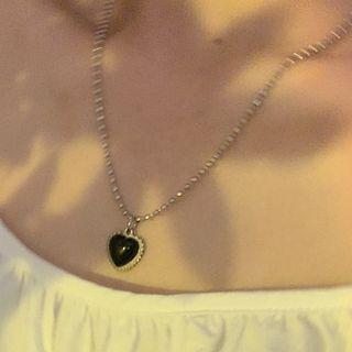 Heart Pendant Necklace 1pc - Silver & Black - One Size